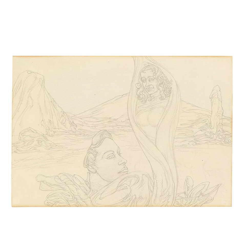 Austin Osman Spare (British, 1886-1956) Adventures in Limbo (Executed circa 1944): Austin Osman Spare (British, 1886-1956) Adventures in Limbo signed with initials 'AOS' (centre left) pencil and coloured pencil on paper 17.5 x 25cm (6 7/8 x 9 13/16in). Executed circa