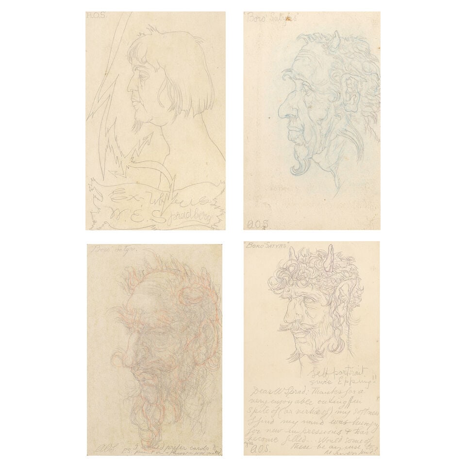 Austin Osman Spare (British, 1886-1956) A Group of Four Postcard Portraits in A Book of Satyrs 1...: Austin Osman Spare (British, 1886-1956) A Group of Four Postcard Portraits in A Book of Satyrs each signed with initials 'AOS' and variously inscribed; further signed, dated and dedicated 'To Walter S