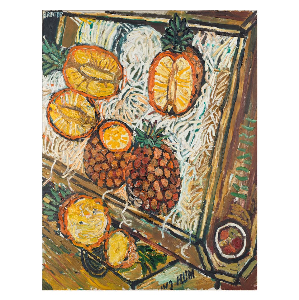 John Bratby R.A. (British, 1928-1992) Cut Pineapples in Display Box: John Bratby R.A. (British, 1928-1992) Cut Pineapples in Display Box signed 'BRATBY' (upper left) oil on canvas 91 x 71cm (35 13/16 x 27 15/16in). Footnotes: Provenance With The Furneaux Gallery, Londo
