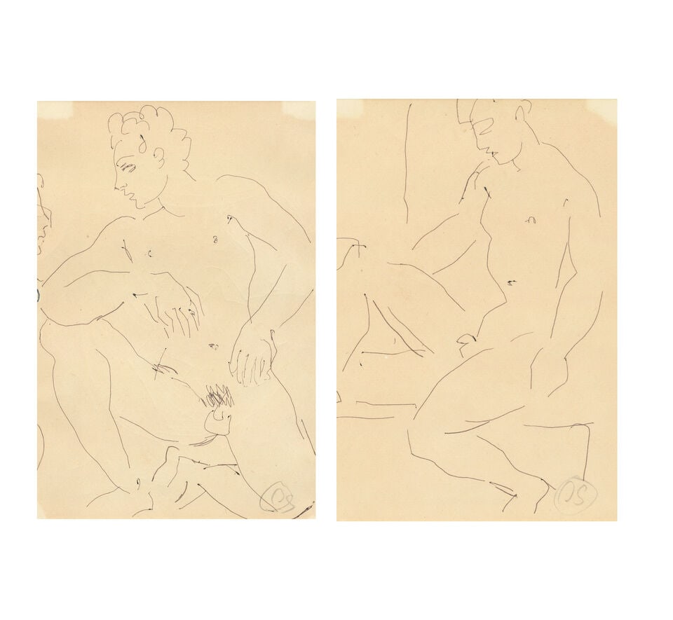 Duncan Grant (British, 1885-1978) A Pair of Seated Male Nudes each 13.5 x 9cm (5 5/16 x 3 9/16in...: Duncan Grant (British, 1885-1978) A Pair of Seated Male Nudes each signed with initials 'DG' (lower right) pen and ink on paper each 13.5 x 9cm (5 5/16 x 3 9/16in) Executed circa the 1940s both with