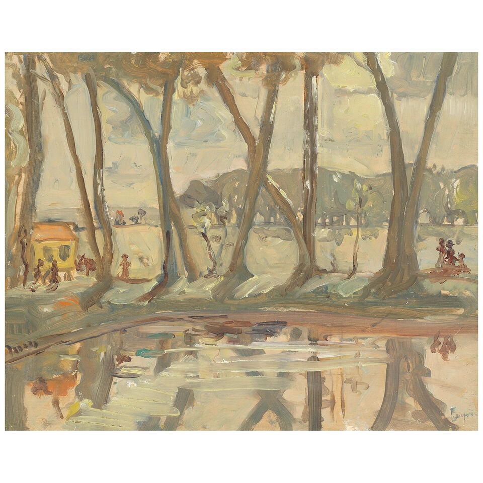 Peter Lanyon (British, 1918-1964) Untitled (Bruges - Sluis Canal) (Painted in 1937 with a furthe...: Peter Lanyon (British, 1918-1964) Untitled (Bruges - Sluis Canal) signed 'GP/LANYON' (lower right) oil on panel 32 x 39cm (12 5/8 x 15 3/8in). Painted in 1937 with a further oil painting, Untitled (Ho