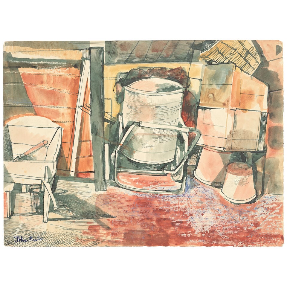 John Minton (British, 1917-1957) Garden Shed Still Life (unframed): John Minton (British, 1917-1957) Garden Shed Still Life signed 'John Minton.' (lower left) watercolour, pen and ink, ink and pastel 38 x 38cm (14 15/16 x 14