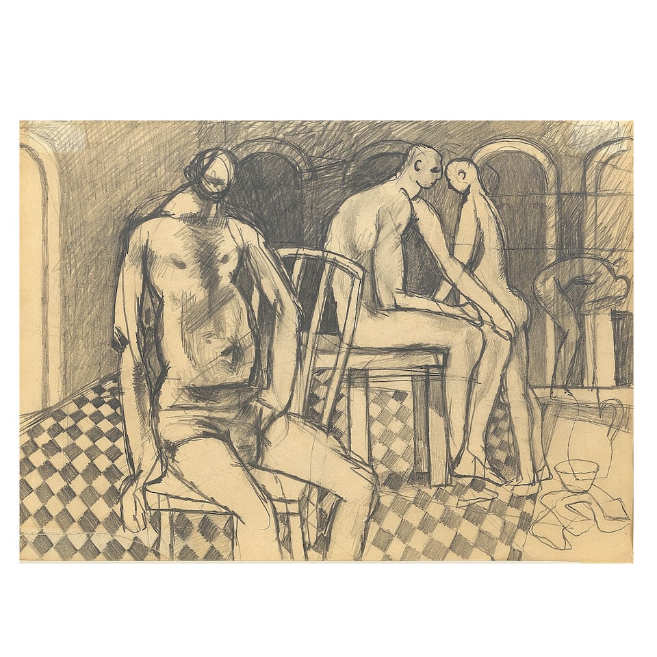 Keith Vaughan (British, 1912-1977) Seated Figures in an Interior (Executed circa 1949-50): Keith Vaughan (British, 1912-1977) Seated Figures in an Interior stamped with estate stamp 'KV.' (on sheet verso) pencil on paper 20 x 27.5cm (7 13/16 x 10 13/16in). Executed circa 1949-50 Footnotes: