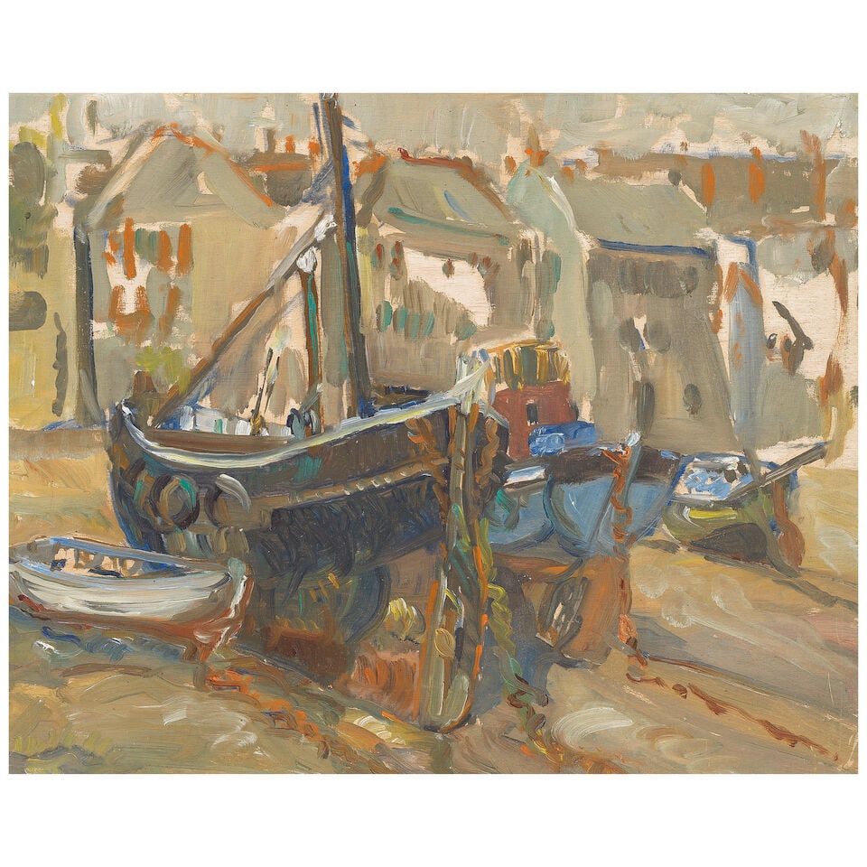 Peter Lanyon (British, 1918-1964) Untitled (Fishing Boats) (Painted in 1937 with a further oil p...: Peter Lanyon (British, 1918-1964) Untitled (Fishing Boats) oil on panel 32 x 39.5cm (12 5/8 x 15 9/16in). Painted in 1937 with a further oil painting, Untitled (Unfinished Sketch, Industrial Scene), o