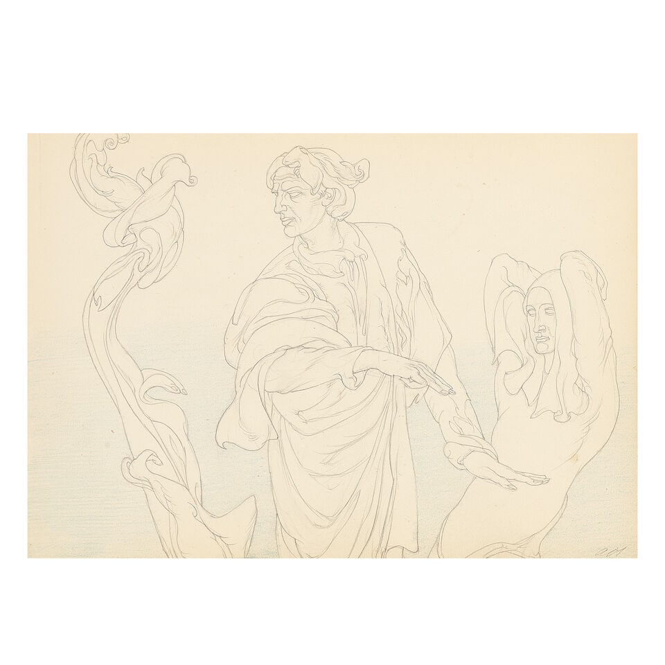 Austin Osman Spare (British, 1886-1956) Man with Cloaked Companion from Satyros Dux (unframed) (...: Austin Osman Spare (British, 1886-1956) Man with Cloaked Companion from Satyros Dux signed with initials 'AOS' (lower right) pencil and coloured pencil on paper 17 x 24.5cm (6 11/16 x 9 5/8in). (unfra