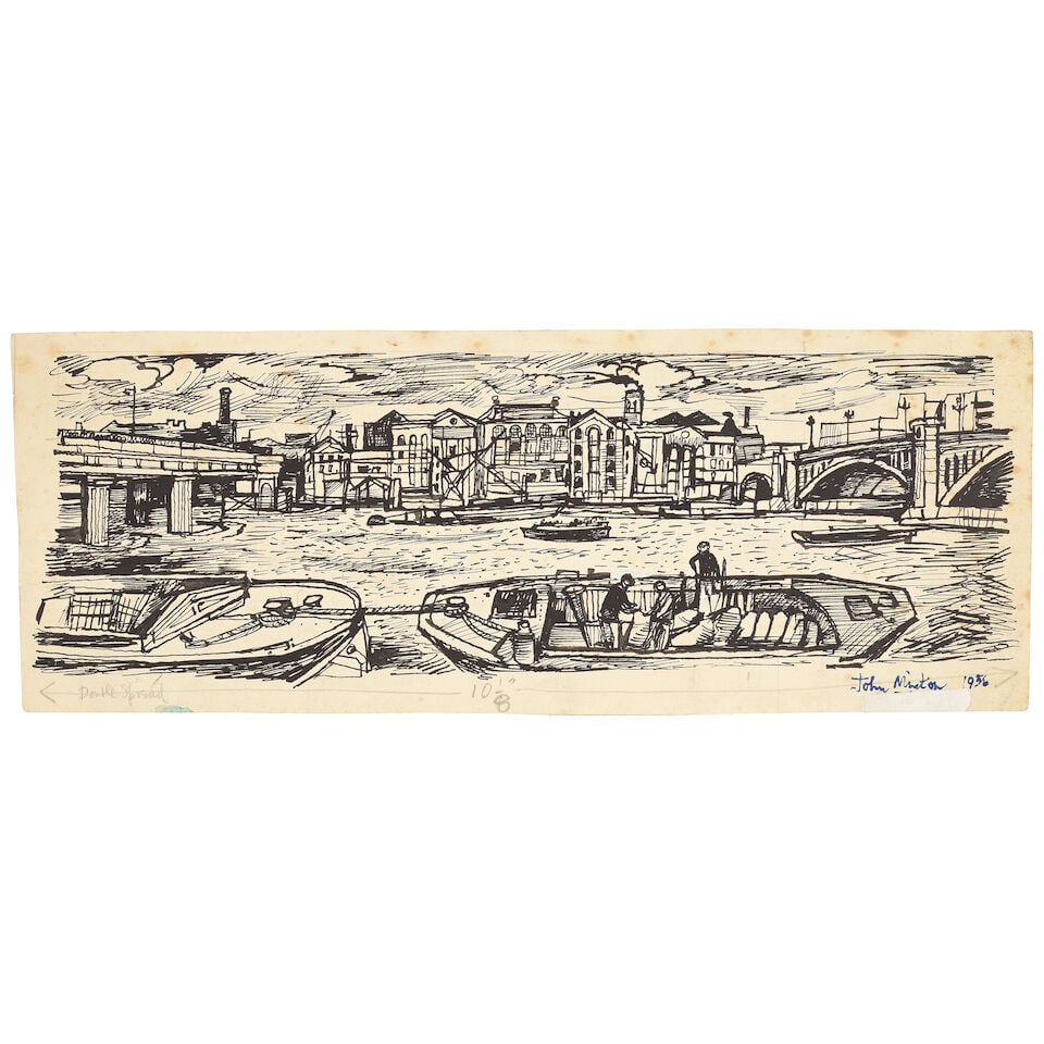 John Minton (British, 1917-1957) The River between Cannon St Railway Bridge & Southwark Bridge (...: John Minton (British, 1917-1957) The River between Cannon St Railway Bridge & Southwark Bridge signed, dated and dedicated 'John Minton 1956/To Tom.' (lower right); titled 'The River between Cannon St