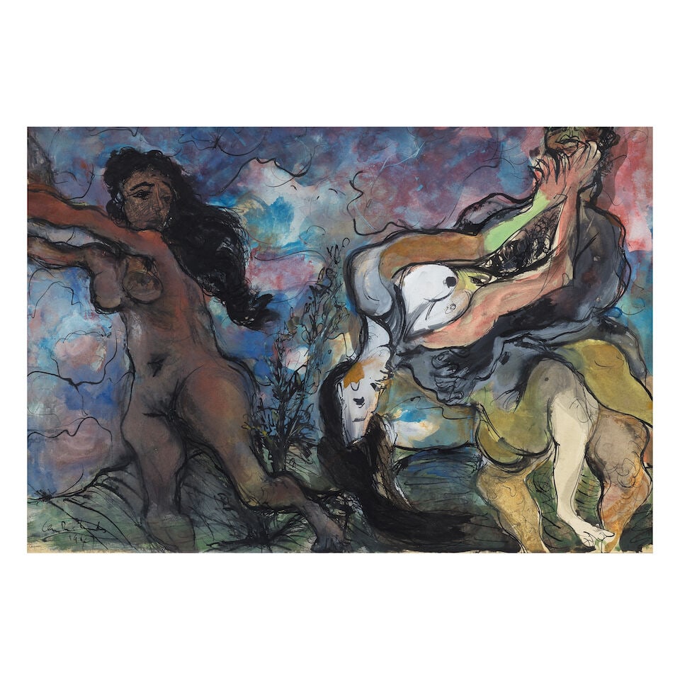 Ceri Richards (British, 1903-1971) The Rape of the Sabines: Ceri Richards (British, 1903-1971) The Rape of the Sabines signed and dated 'Ceri Richards/1947' (lower left) pen and ink, gouache and watercolour on paper, laid on thick card 37 x 54cm (14 9/16 x 21