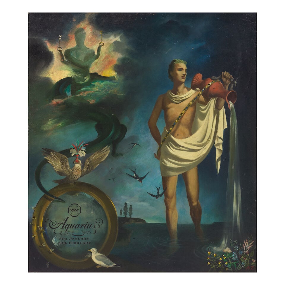 Anna Katrina Zinkeisen (British, 1901-1976) Aquarius: Anna Katrina Zinkeisen (British, 1901-1976) Aquarius signed with initials 'AZ' (lower right) oil on canvas 70.3 x 62.7cm (27 11/16 x 24 11/16in). Footnotes: Provenance The Whitbread