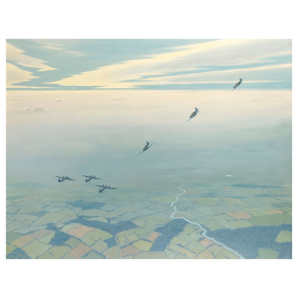 Roy Nockolds (British, 1911-1979) Three Spitfires Attaching a Formation of Junkers: Roy Nockolds (British, 1911-1979) Three Spitfires Attaching a Formation of Junkers indistinctly signed 'Roy Nockolds' (lower right) oil on board 79 x 105cm (31 1/8 x 41 5/16in). Footnotes: Roy Nockold