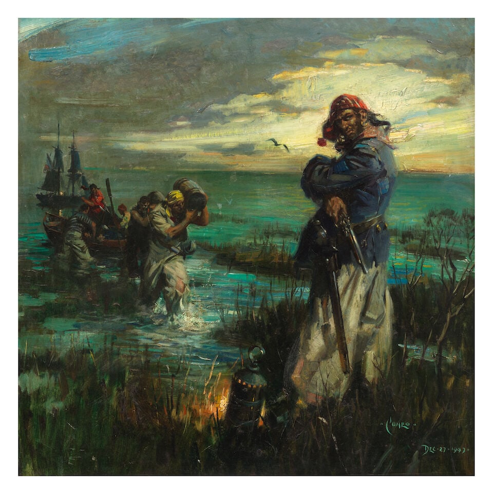 Terence Cuneo (British, 1907-1996) Smugglers' Moon: Terence Cuneo (British, 1907-1996) Smugglers' Moon signed '-CUNEO-/DEC-27-1947-' (lower right) oil on canvas, laid on board 49.5 x 49.5cm (19 1/2 x 19 1/2in). Footnotes: Provenance Acquired by the fam