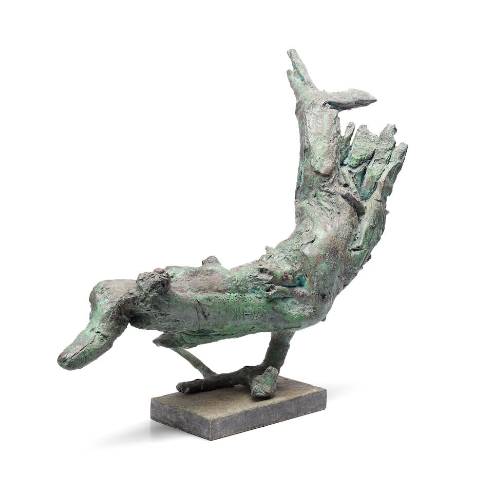 John Hodson (British, born 1945) Periphrasis 34.5cm (13 9/16in) high excluding base; 37cm (14 9...: John Hodson (British, born 1945) Periphrasis signed with initials, titled and numbered 'PERIPHRASIS/JH-1/3' and stamped with foundry mark 'FIORINI LONDON' (to side of sculpture) bronze with a green pa