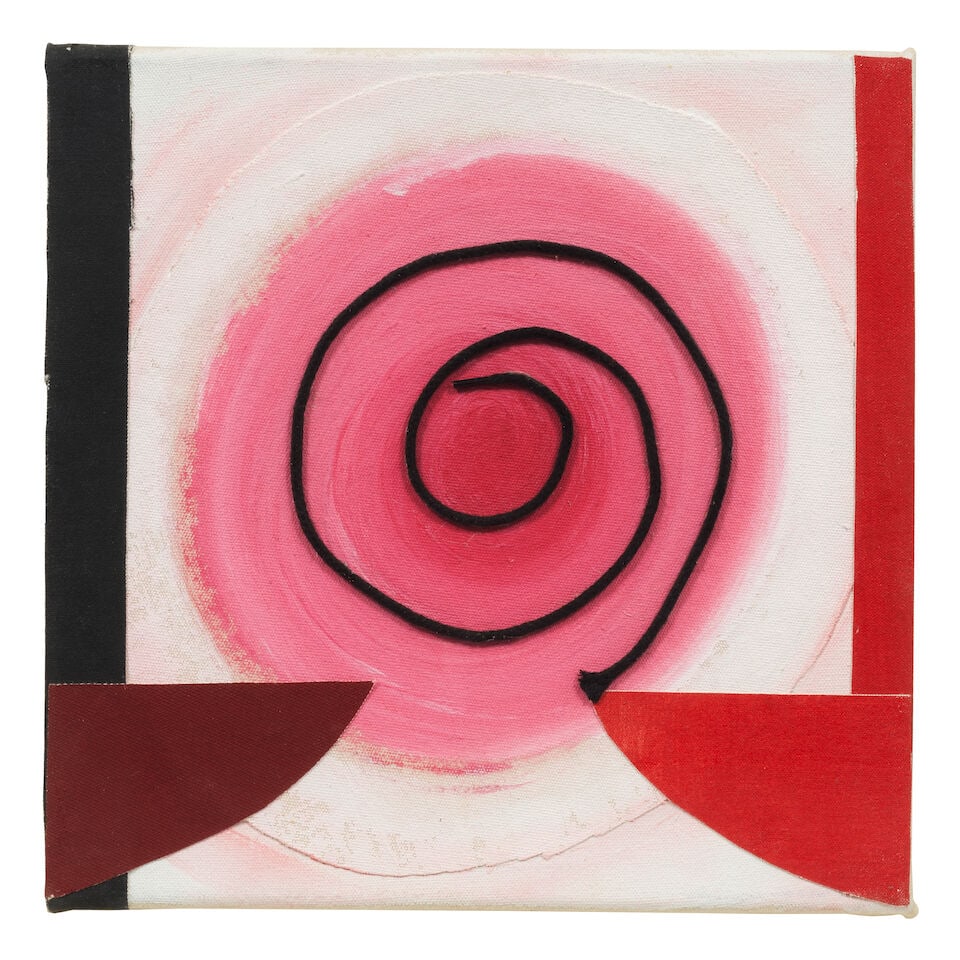Sir Terry Frost R.A. (British, 1915-2003) Pink Sun: Sir Terry Frost R.A. (British, 1915-2003) Pink Sun signed, titled, dated and dedicated 'Pink/Sun For Colin from Terry Frost/1998' (on canvas overlap) acrylic and collage on canvas 28.5 x 29cm (11