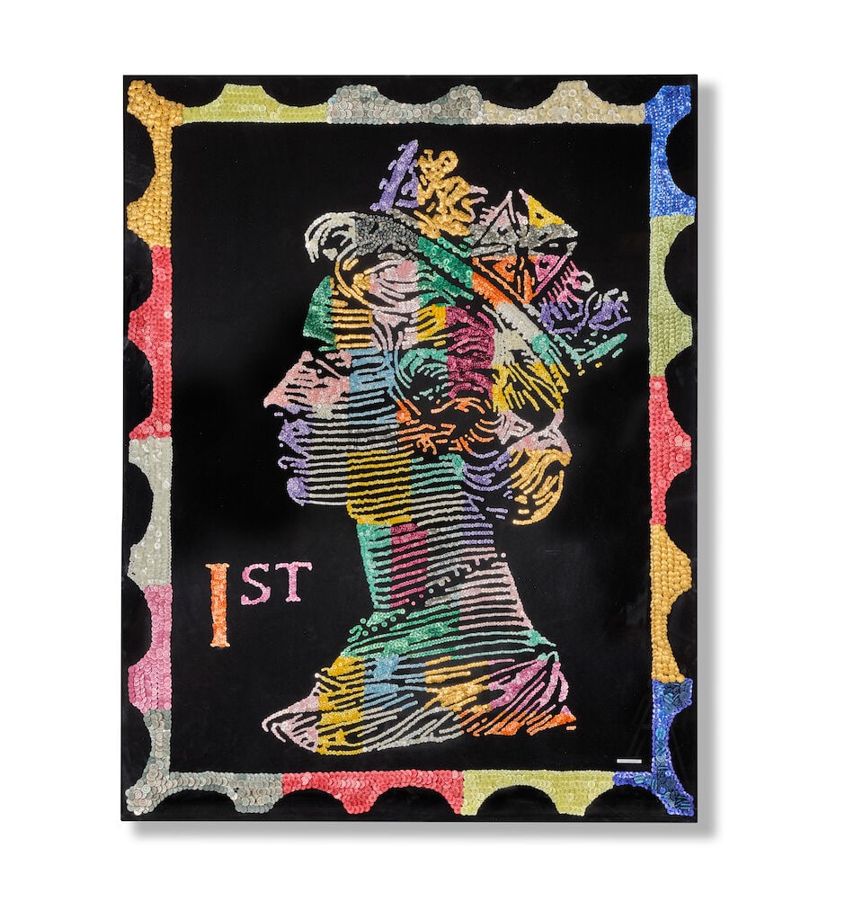 Ann Carrington (British, born 1962) Pearly Queen: Ann Carrington (British, born 1962) Pearly Queen stitched with signature on artist's label 'Ann Carrington' (lower right); further signed 'Ann Carrington' (to stretcher bar) coloured buttons hand