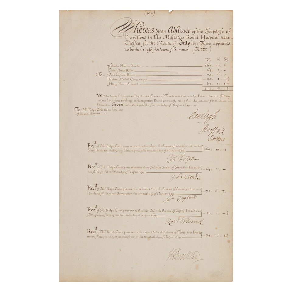 ARCHITECTURE - CHRISTOPHER WREN AND GRINLING GIBBONS Manuscript account sheet signed ('Chr. Wren...: ARCHITECTURE - CHRISTOPHER WREN AND GRINLING GIBBONS Manuscript sheet of accounts signed ('Chr. Wren') as Surveyor-General of the Royal Hospital Chelsea, from the Royal Hospital account book, authoris