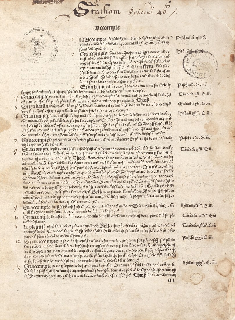 STATHAM (NICHOLAS) Abridgment of cases, FIRST EDITION, [Rouen], Guillaume Le Talleur, for Richar... - 2