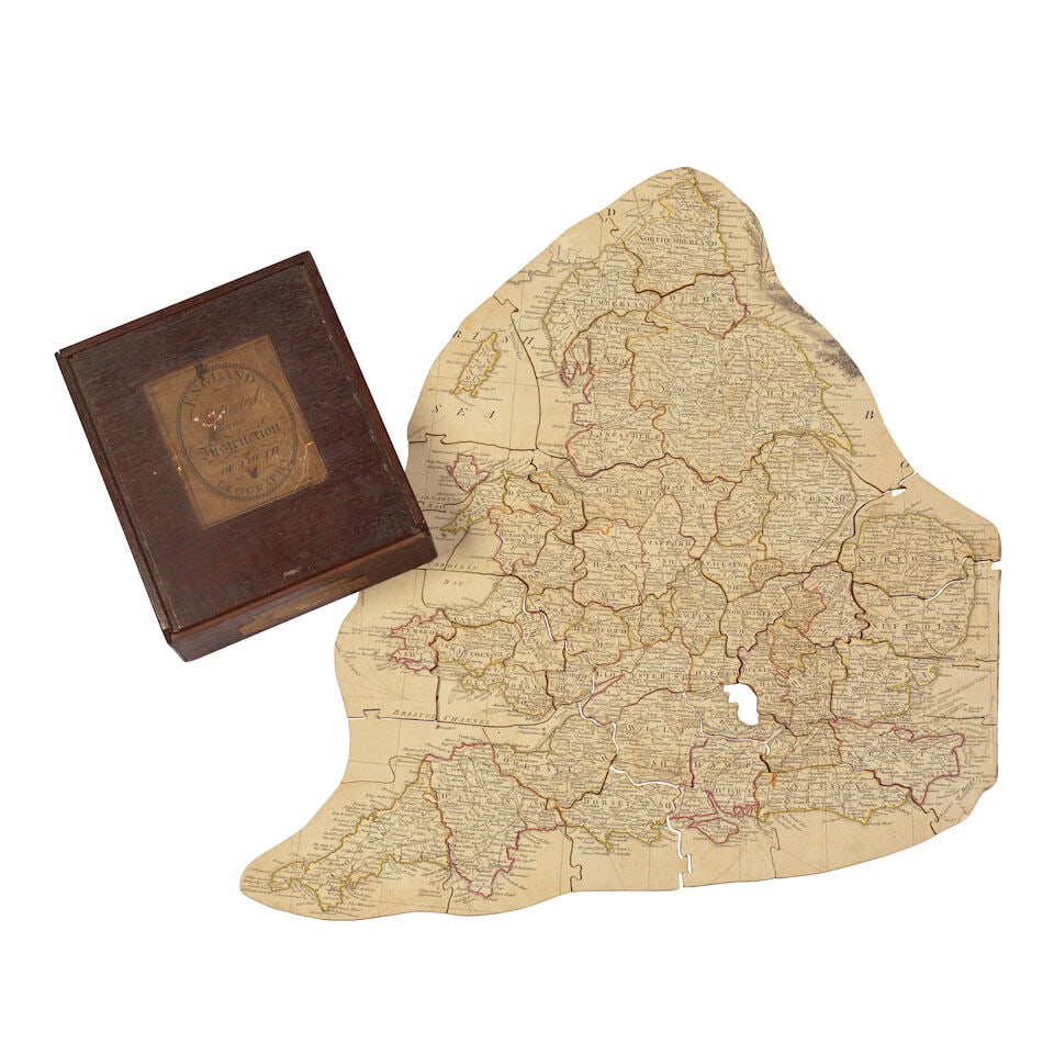 MAP PUZZLE - ENGLAND AND WALES NEWBERRY (E., publisher) England Dissected for the Instruction of...: MAP PUZZLE - ENGLAND AND WALES NEWBERRY (E., publisher) England Dissected for the Instruction of Youth in Geography, engraved map, hand-coloured in outline, dissected and laid on 53 wooden pieces (of