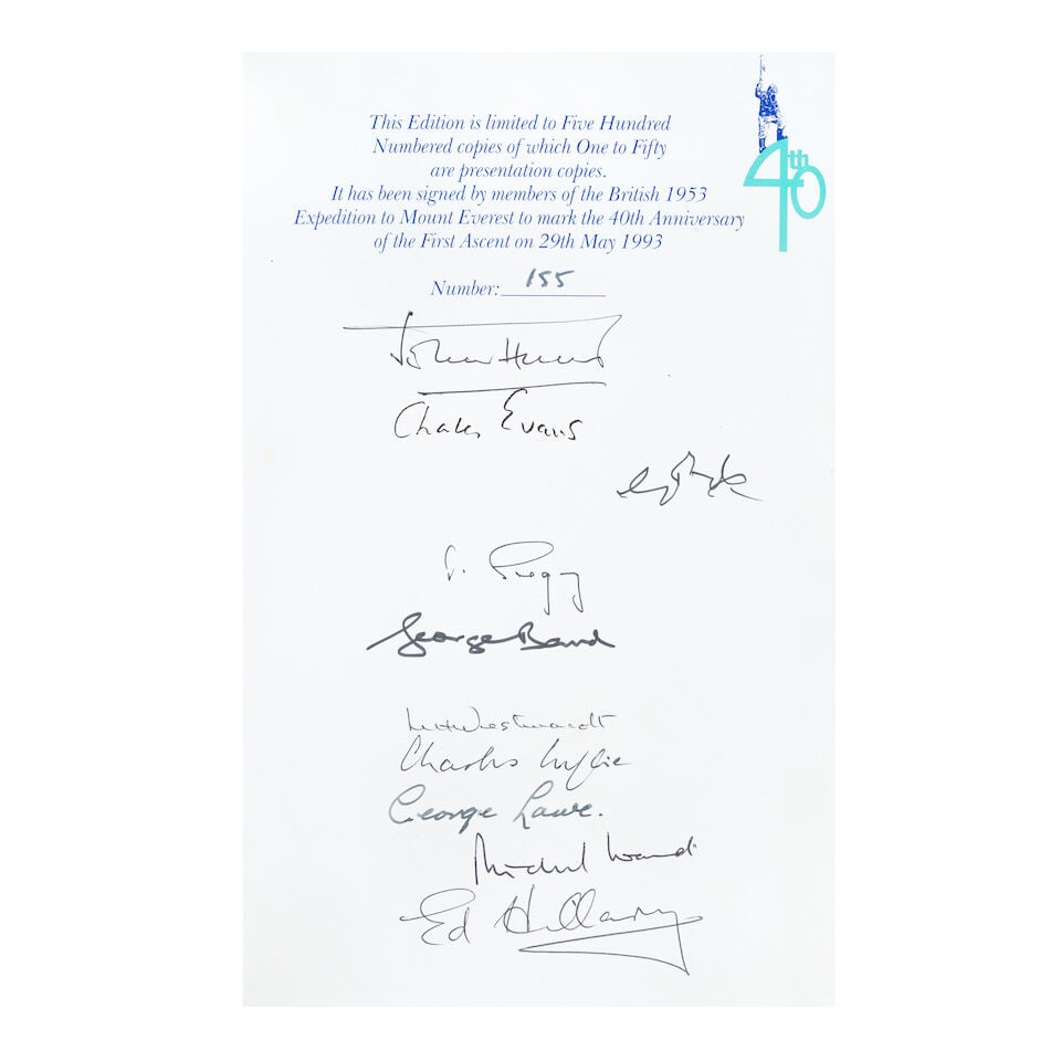 MOUNTAINEERING HUNT (JOHN) The Ascent of Everest, NUMBER 155 OF 500 COPIES, SIGNED BY 10 MEMBERS...: MOUNTAINEERING HUNT (JOHN) The Ascent of Everest, NUMBER 155 OF 500 COPIES, SIGNED BY 10 MEMBERS OF THE MOUNT EVEREST EXPEDTION, 'to mark the 40th anniversary of the first ascent on 29th May 1993',