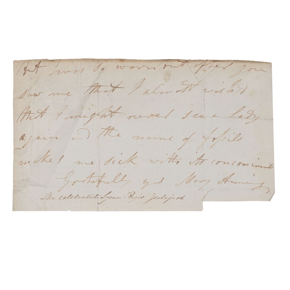 ANNING (MARY) Autograph fragment signed ('Mary Anning'), mentioning fossils, [n.p., n.d.] (1 of 2)