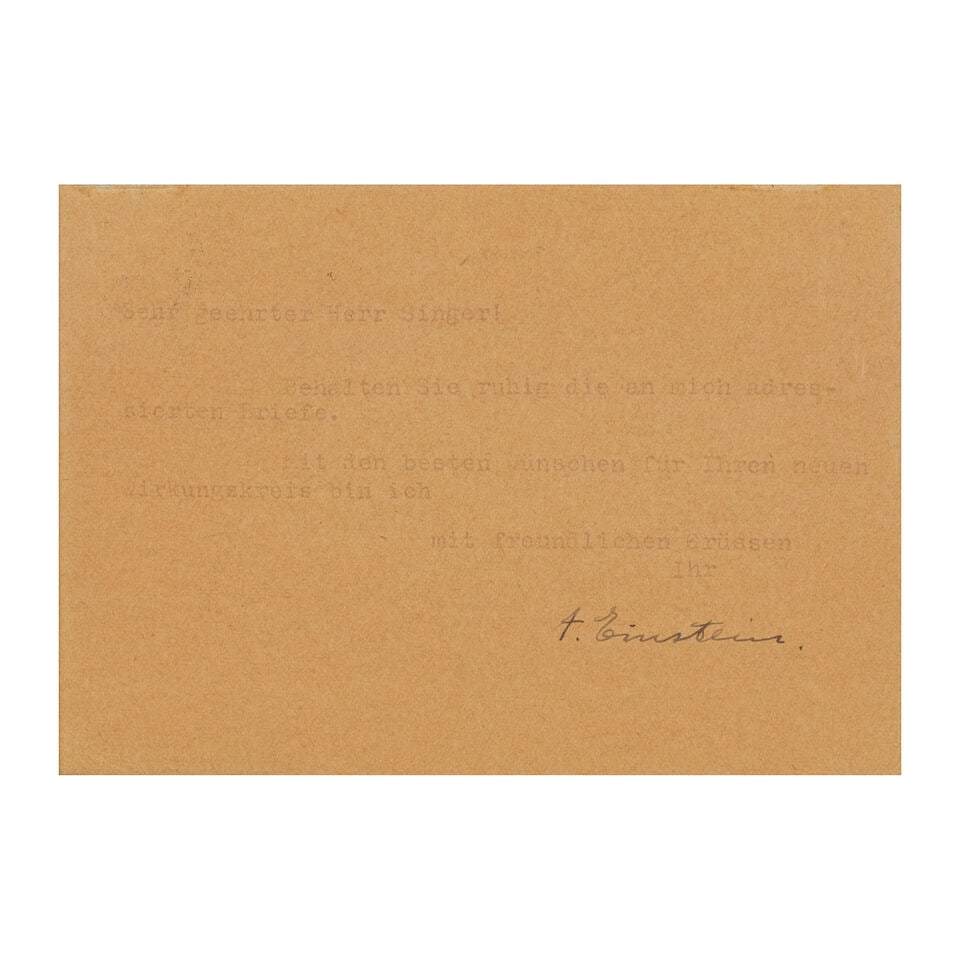 EINSTEIN (ALBERT) Typed postcard signed to Dr Eduard Singer, 13 January 1930, framed (1 of 2)
