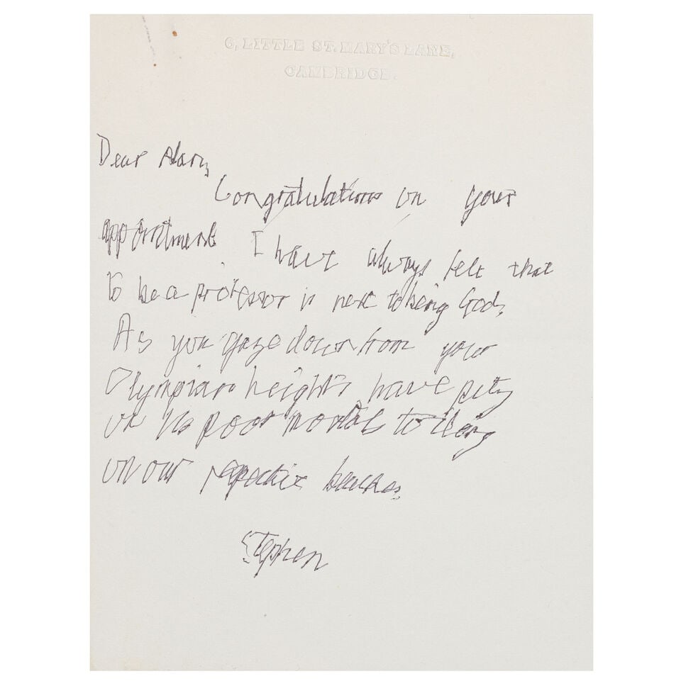 HAWKING (STEPHEN) Autograph letter signed to Alan Deyermond, 1969: with letter from Jane Hawking... (1 of 1)