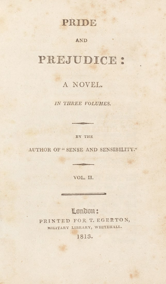 AUSTEN (JANE) Pride and Prejudice: A Novel... By the Author of 'Sense and Sensibility.', vol. 2 ...: AUSTEN (JANE) Pride and Prejudice: A Novel... By the Author of 'Sense and Sensibility.', vol. 2 only (of 3), FIRST EDITION, half-title, spotting and foxing, pp.175-76 with 2 tears (one touching text)