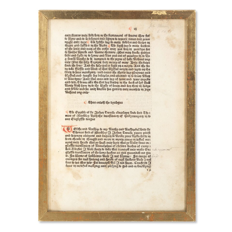 CAXTON LEAF [HIGDEN (RANULF) Polycronicon], single annotated leaf from the Dyalogue and Epistle,... (1 of 2)