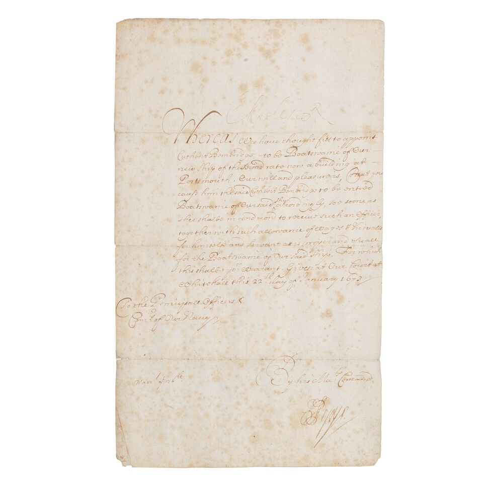 CHARLES II AND PEPYS Warrant signed ('Charles R') at head and countersigned by Samuel Pepys, Whi... (1 of 1)