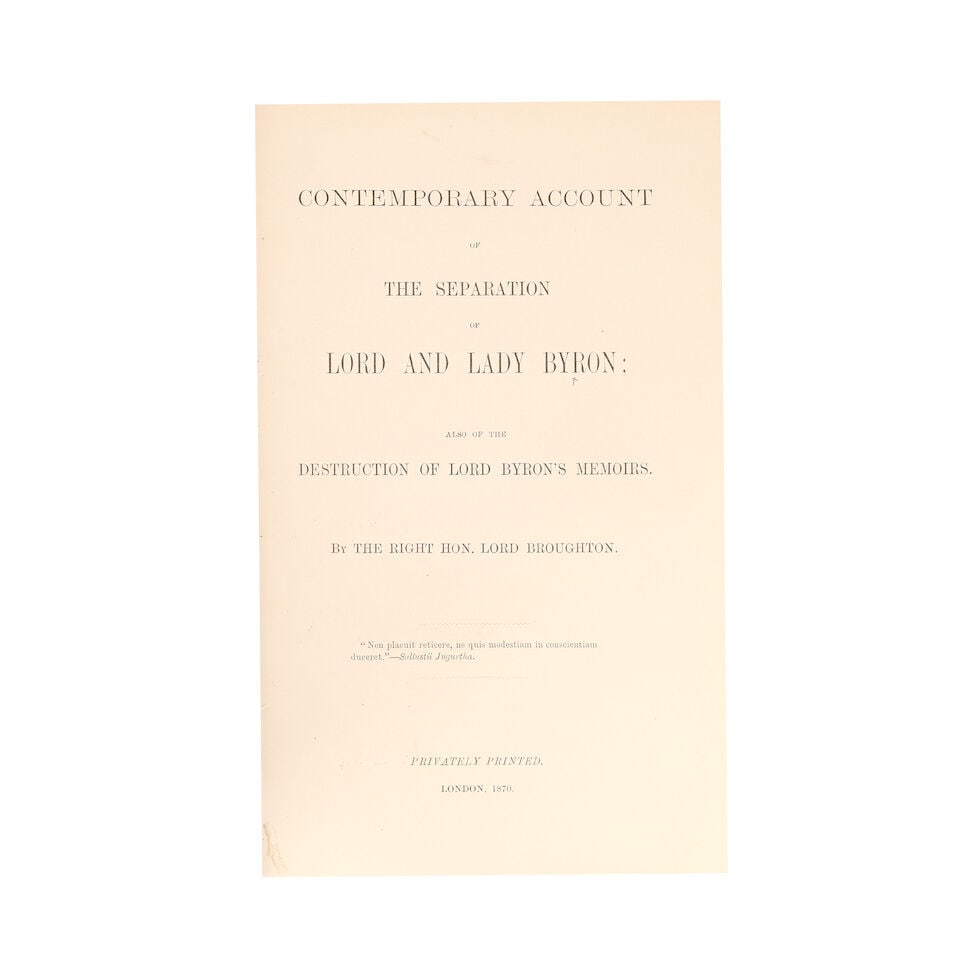 BYRONIANA HOBHOUSE (JOHN CAM, LORD BROUGHTON) Contemporary Account of the Separation of Lord an...: BYRONIANA HOBHOUSE (JOHN CAM, LORD BROUGHTON) Contemporary Account of the Separation of Lord and Lady Byron: Also of the Destruction of Lord Byron's Memoirs, FIRST EDITION, modern blue half morocco g