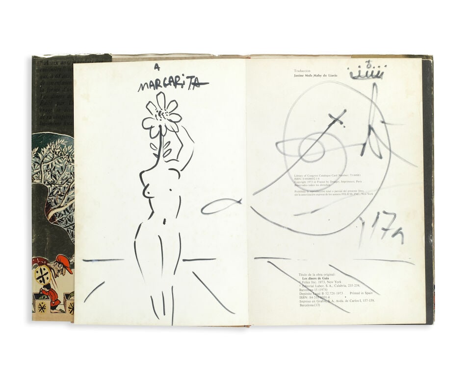 DALÍ (SALVADOR) Les dîners de Gala, INSCRIBED BY THE ARTIST WITH A SKETCH IN BLACK PEN...: DALÍ (SALVADOR) Les dîners de Gala, INSCRIBED BY THE ARTIST WITH A SKETCH IN BLACK PEN, the dedication 'A Margarita' written above a female nude with a daisy in place of her head on verso