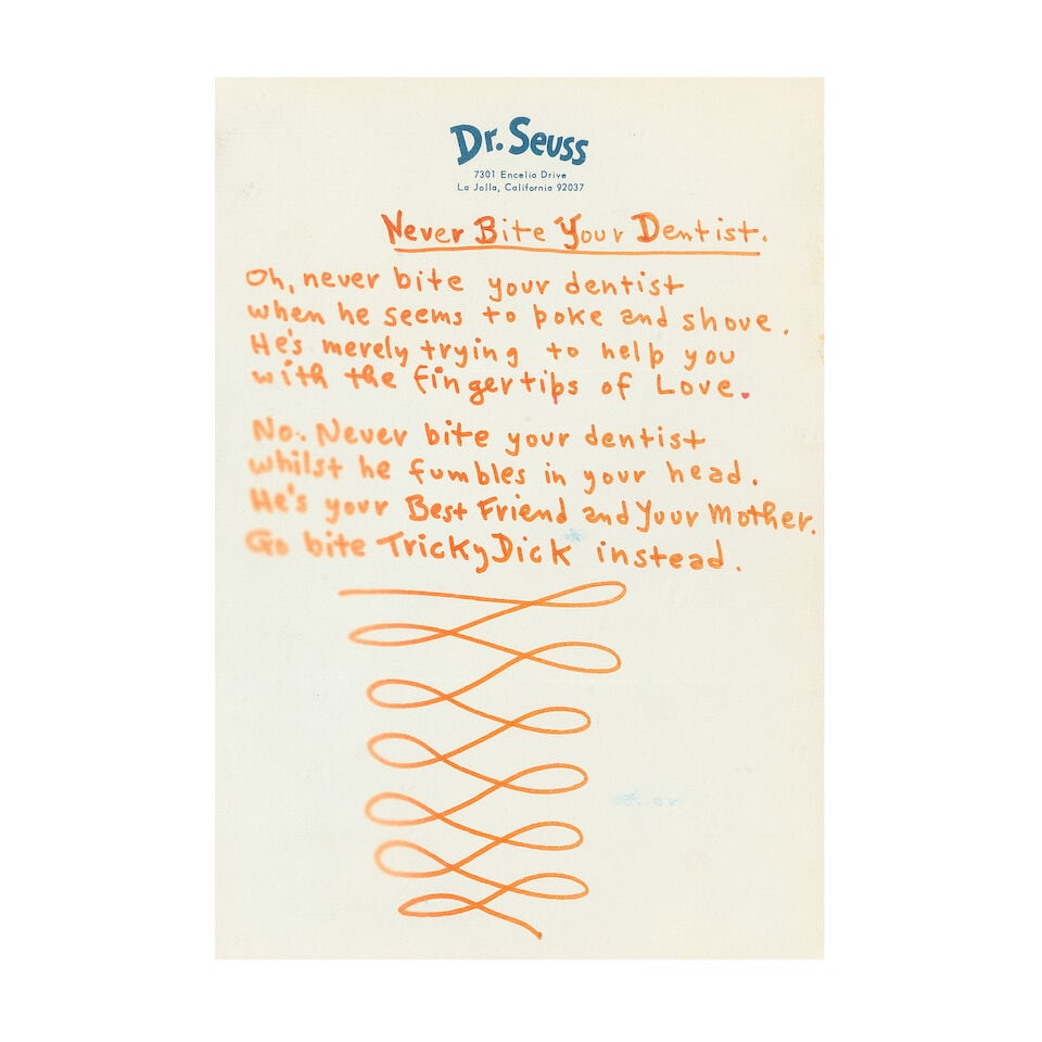 SEUSS (DR.), pseud. of THEODORE SEUSS GEISEL Autograph manuscript of the poem 'Never Bite Your D... (1 of 1)