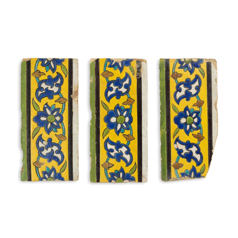 Three Safavid cuerda-seca pottery border tiles Persia, 17th Century(3) (1 of 2)