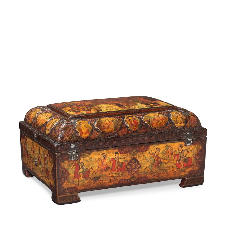 A large Qajar lacquer papier-mâché box depicting Fath 'Ali Shah enthroned Persia, 19th... - 2
