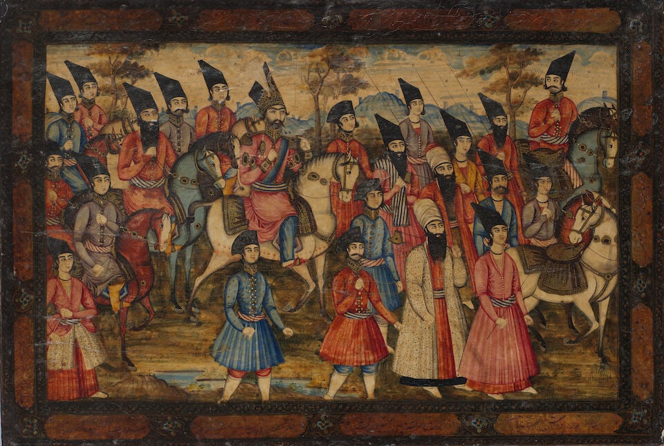 A large Qajar lacquer book cover depicting the young Nasr al-Din Shah Qajar riding with an exten... (1 of 1)