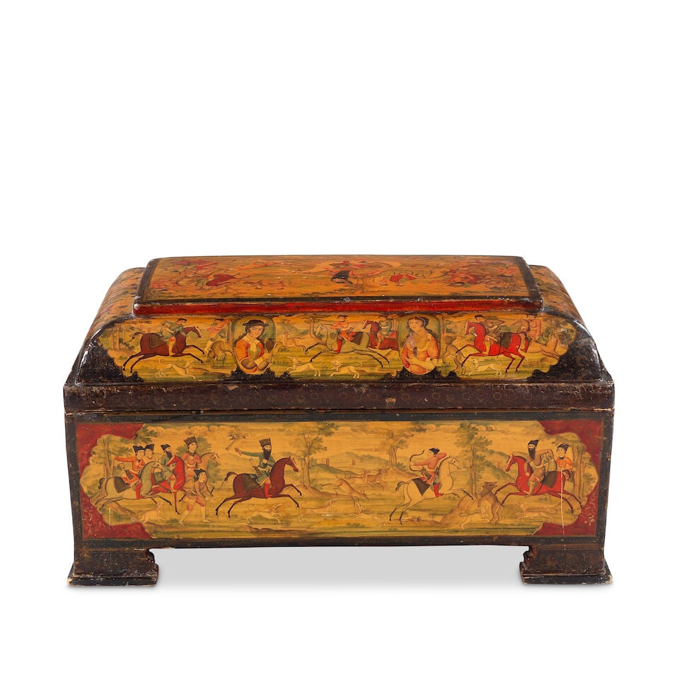 A large Qajar lacquer papier-mâché box depicting Fath 'Ali Shah and scenes from Yusuf ... - 4