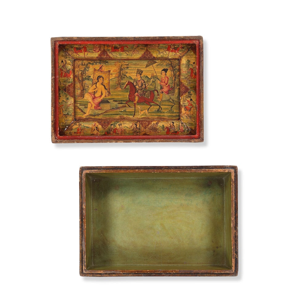 A large Qajar lacquer papier-mâché box depicting Fath 'Ali Shah and scenes from Yusuf ... - 6