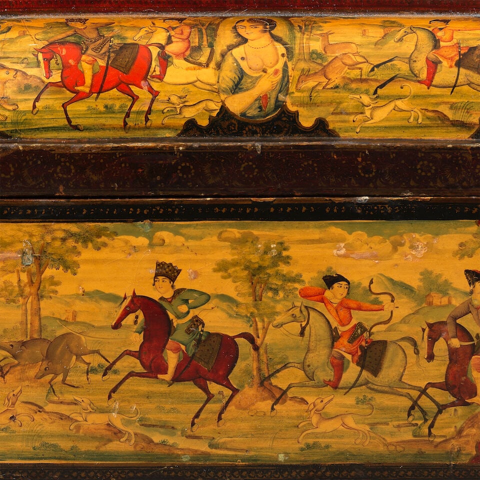 A large Qajar lacquer papier-mâché box depicting Fath 'Ali Shah and scenes from Yusuf ... - 7