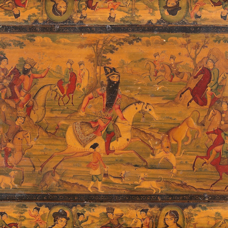 A large Qajar lacquer papier-mâché box depicting Fath 'Ali Shah and scenes from Yusuf ... - 8