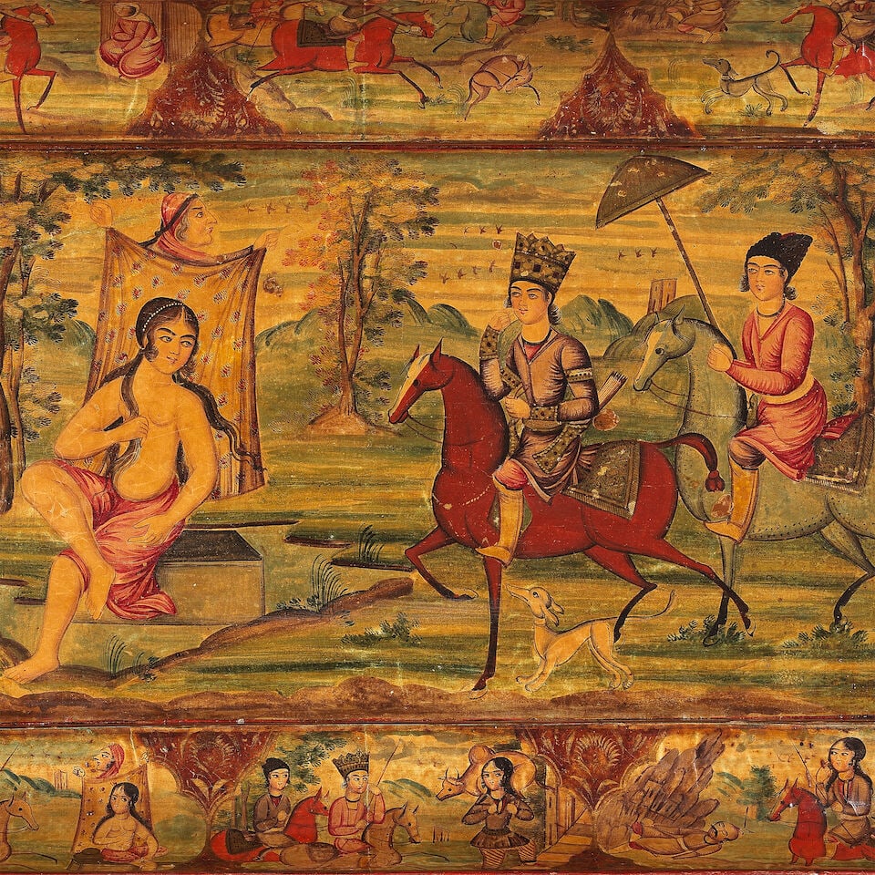 A large Qajar lacquer papier-mâché box depicting Fath 'Ali Shah and scenes from Yusuf ... - 9