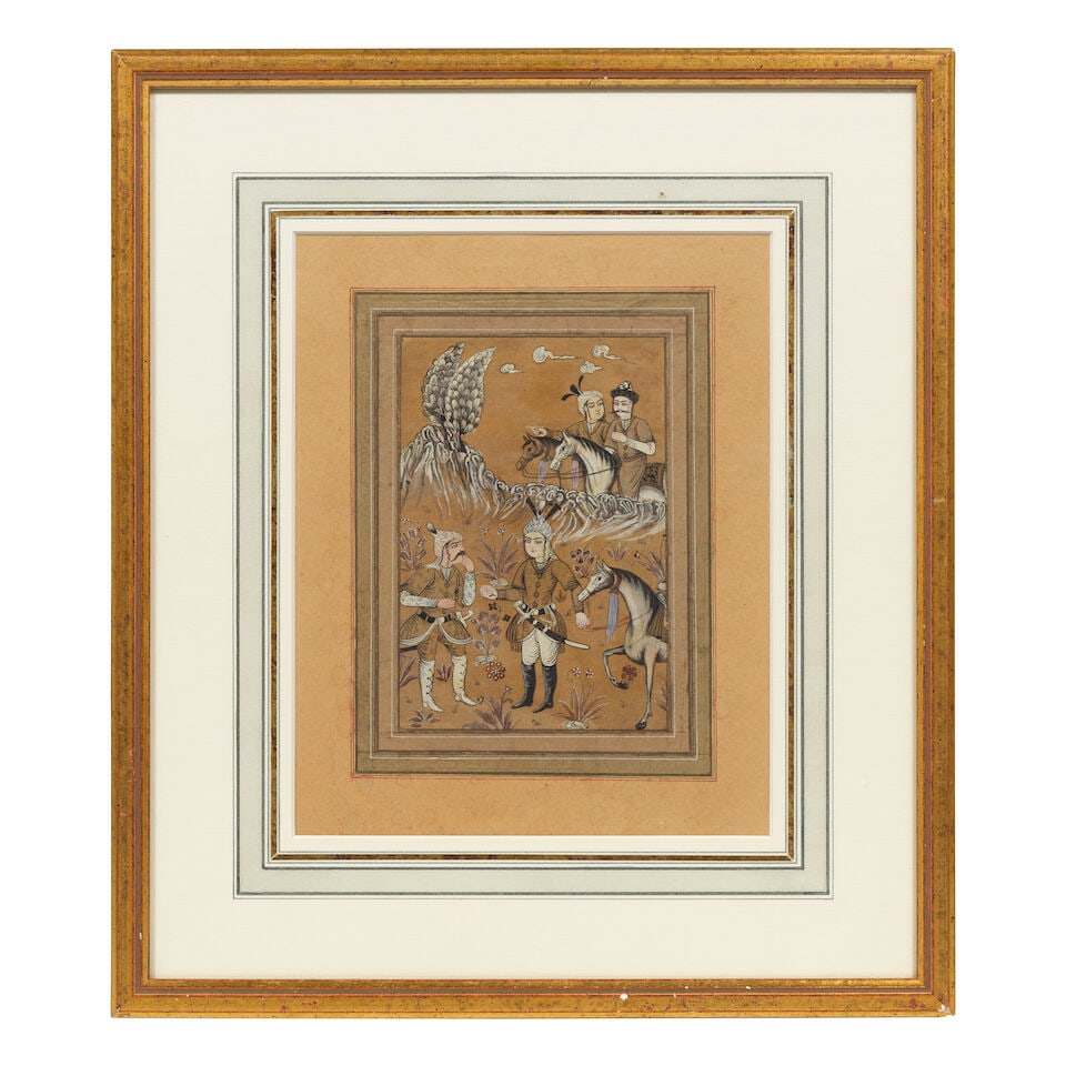 Safavid noblemen in a landscape, or perhaps a scene depicting Rustam with his horse, Rakhsh Iran... - 2