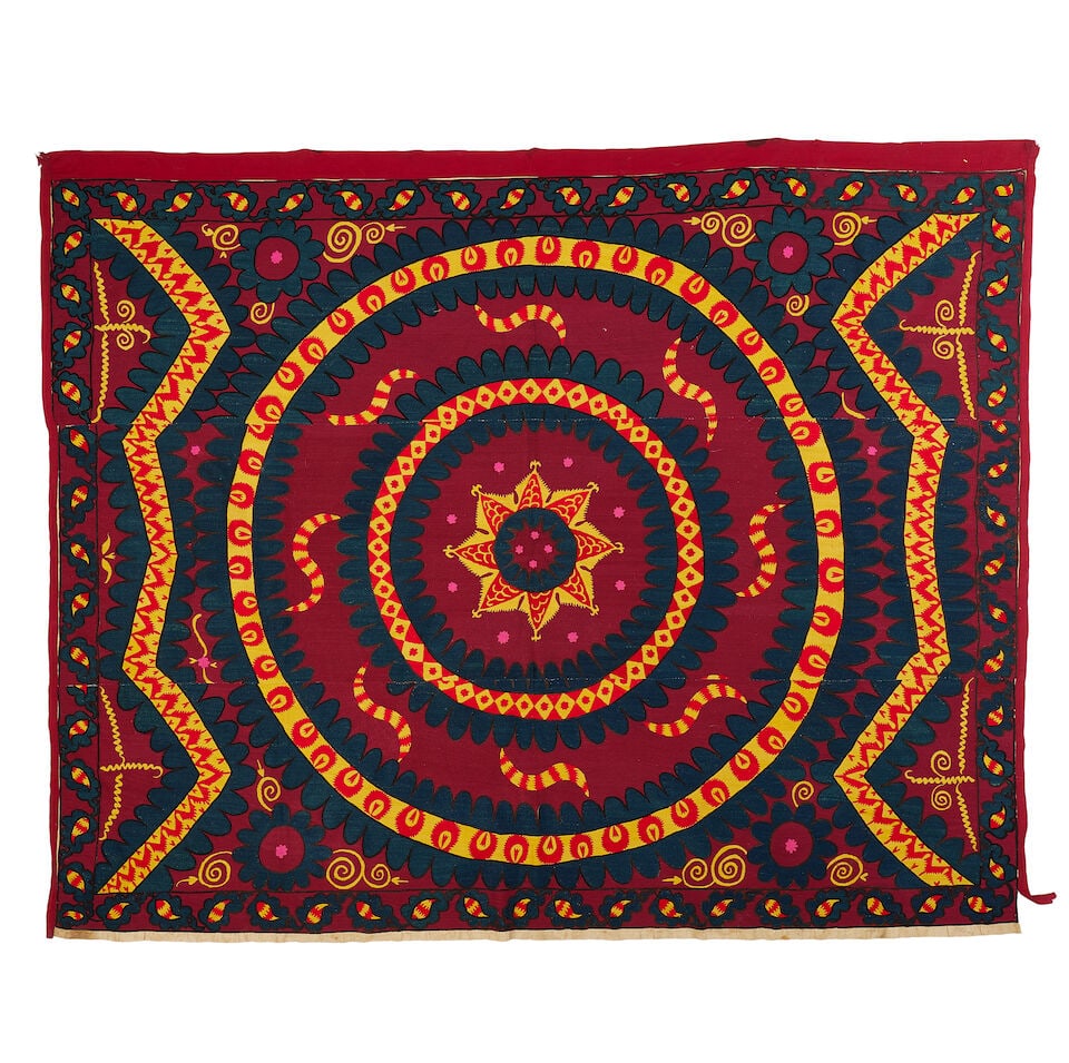 A Tashkent silk embroidered cotton panel (susani) Uzbekistan, late 19th Century (1 of 3)