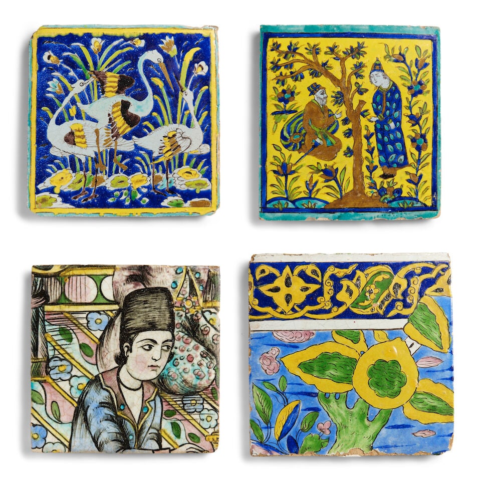 Three Qajar cuerda seca pottery tiles Persia, 19th Century (4) (1 of 2)