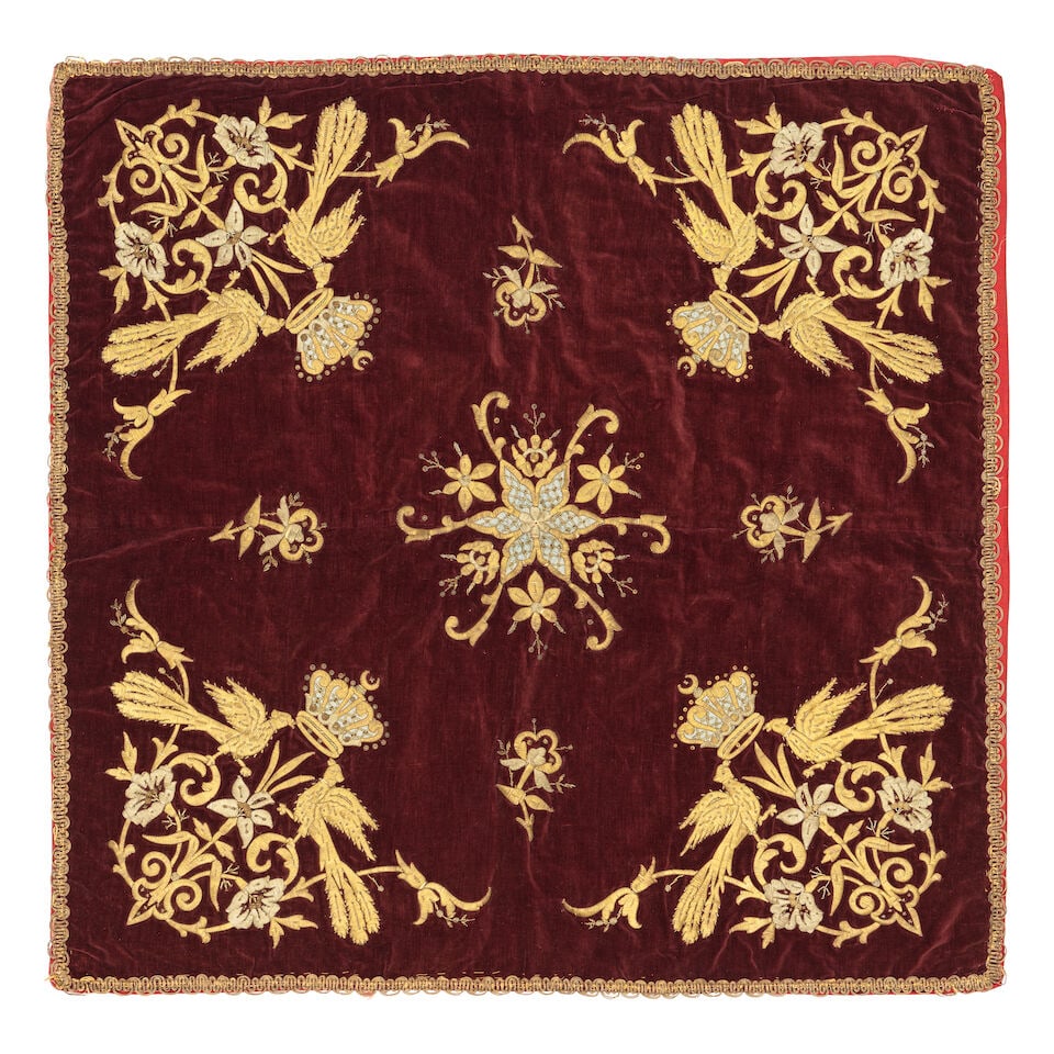 A metal-thread embroidered velvet panel depicting Khedival Crowns Egypt, early 20th Century (1 of 3)
