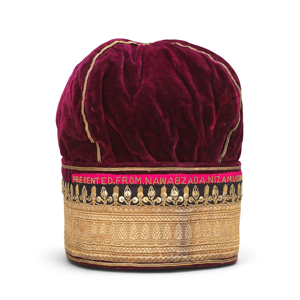 A metal-thread embroidered velvet hat presented to Hallam Tennyson, 2nd Baron Tennyson (1852-192... (1 of 2)