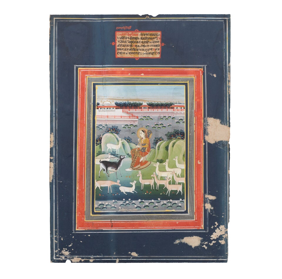 Todi ragini: a maiden playing a vina surrounded by deer Jaipur, second half of the 19th Century: Todi ragini: a maiden playing a vina surrounded by deer Jaipur, second half of the 19th Century gouache and gold on paper, silver, red and dark blue borders, upper border with nagari text panel 328 x