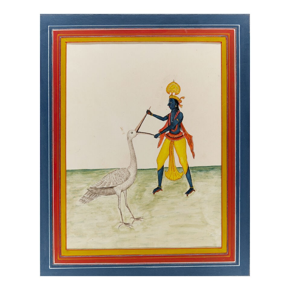 Krishna defeating the crane demon North India, perhaps Patna, 19th Century: Krishna defeating the crane demon North India, perhaps Patna, 19th Century gouache on paper watermarked Wise & Patch, black margin rules, in later card mount in Rajasthani style 302 x 205 mm. For furt