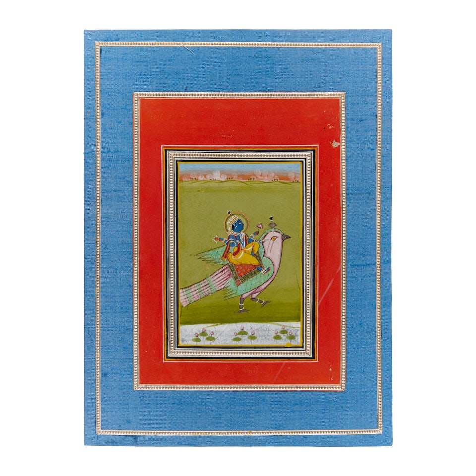 Vishnu riding on Garuda Jaipur, mid-19th Century: Vishnu riding on Garuda Jaipur, mid-19th Century gouache and gold on paper, coloured borders 195 x 137 mm. Footnotes: Provenance Private US collection. Lot to be sold without reserve. This lot is subj