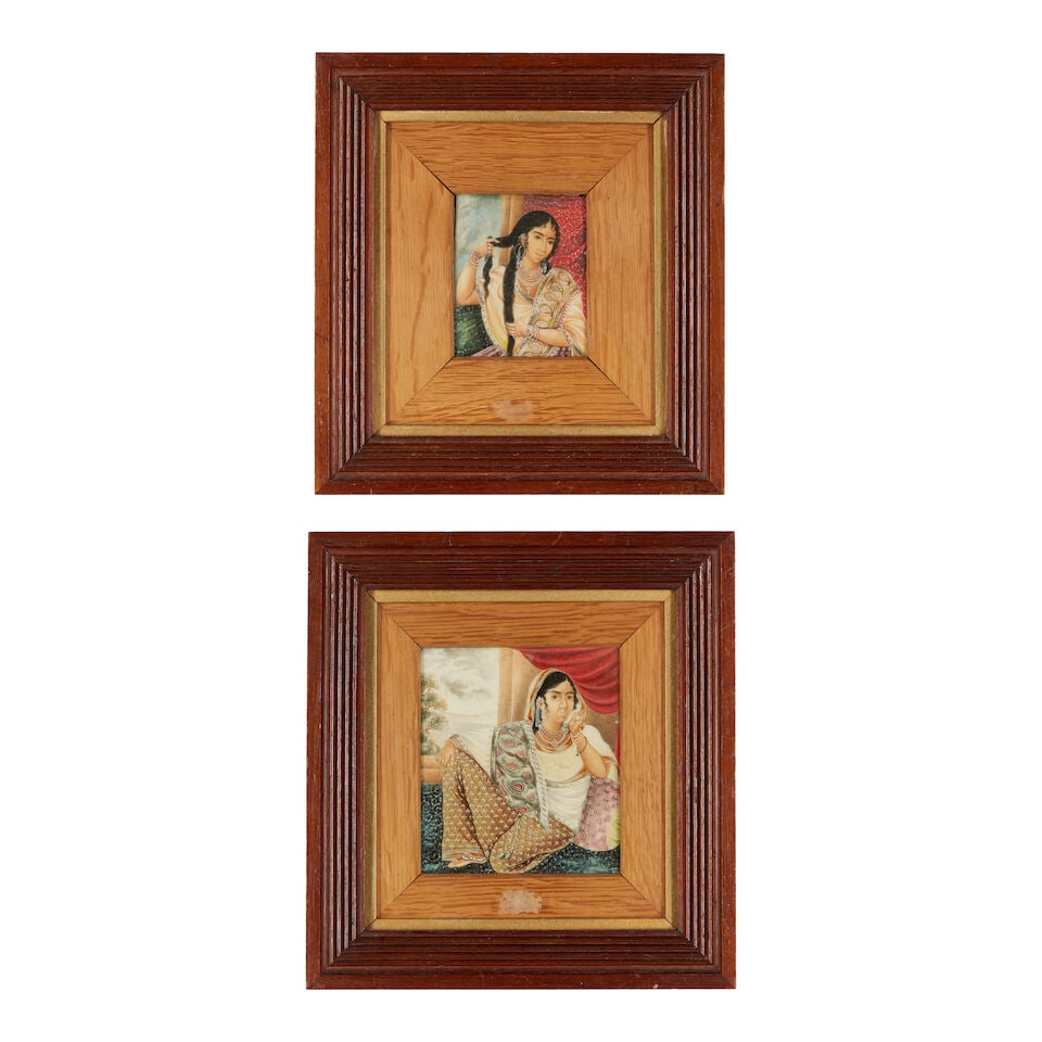 Two paintings on ivory depicting courtesans at balcony windows Patna, circa 1840-50(2): Two paintings on ivory depicting courtesans at balcony windows Patna, circa 1840-50 gouache and gold on ivory, framed 110 x 100 mm.; 80 x 65 mm.; frames 23 x 21.5 cm. and slightly smaller(2) Footnotes