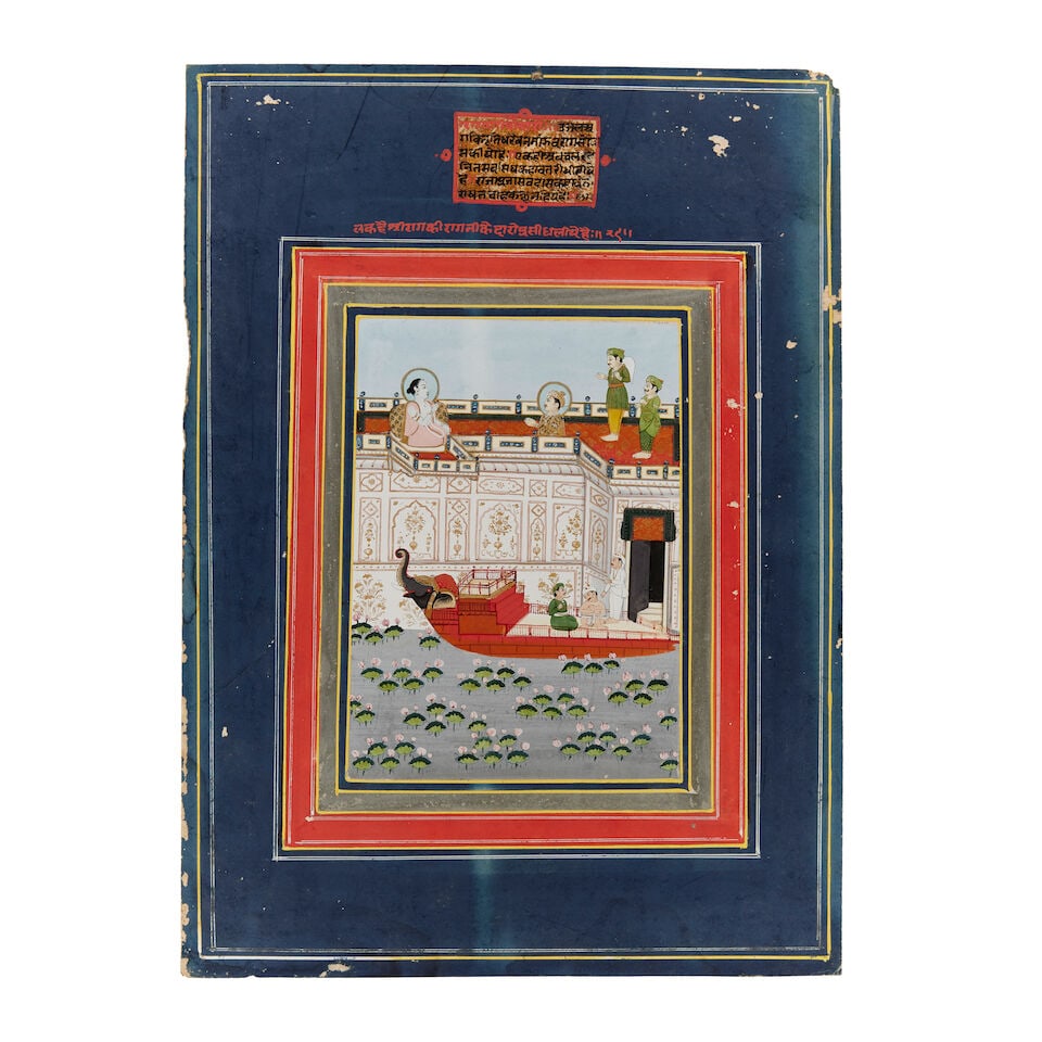 A noble devotee seated before a sage on the lake terrace of a palace, probably representing Keda...: A noble devotee seated before a sage on the lake terrace of a palace, probably representing Kedar ragini Jaipur, second half of the 19th Century gouache and gold on paper, silver, red and dark blue