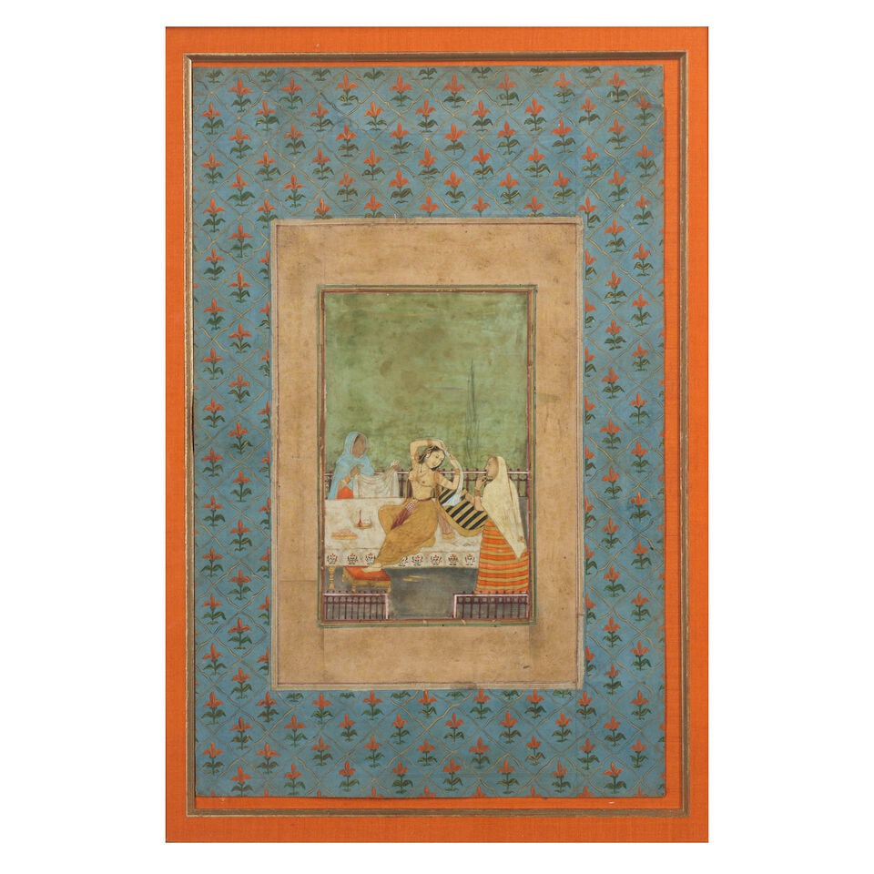Desvarati ragini: a maiden seated on a terrace with her arms raised above her head (expressing h...: Desvarati ragini: a maiden seated on a terrace with her arms raised above her head (expressing her desire to be reunited with her lover), with two female attendants Provincial Mughal, late 18th centur