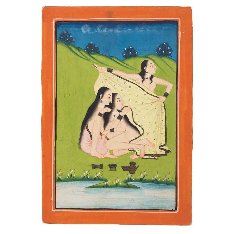 A group of maidens bathing by a pond, one shielding her companions Rajasthan, Bundi, second half... (1 of 1)